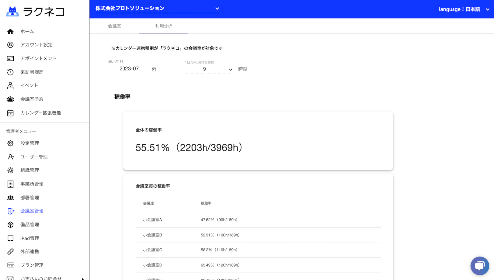 会議室の利用状況の確認画面